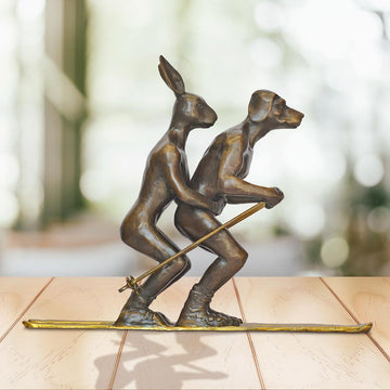 He Loved Skiing with His Snow Bunny (Bronze Sculpture, Miniature Collection)