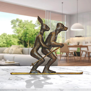 He Loved Skiing with His Snow Bunny (Bronze Sculpture, Miniature Collection)