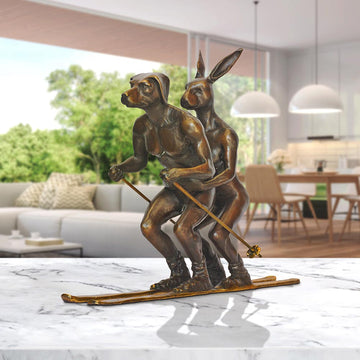 He Loved Skiing with His Snow Bunny (Bronze Sculpture, Miniature Collection)