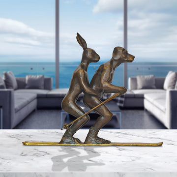 He Loved Skiing with His Snow Bunny (Bronze Sculpture, Miniature Collection)