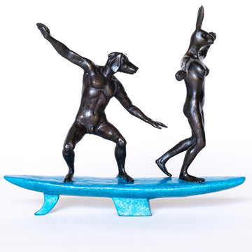 They Surfed a Pipeline Together (Bronze Sculpture, Miniature Collection)
