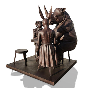 Rabbitwoman, Dogman and Rhino at the Table of Love (Bronze Sculpture)