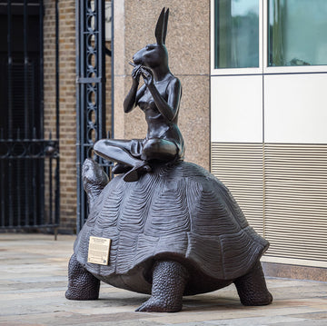 The Giant Tortoise and Rabbitwoman Loved the Sound of the Wild (Bronze Sculpture)