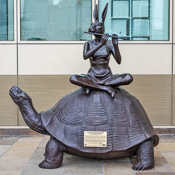 The Giant Tortoise and Rabbitwoman Loved the Sound of the Wild (Bronze Sculpture)