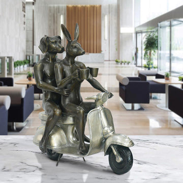 Their Morning Ride Started with Cappuccino and a Kiss (Bronze Sculpture)
