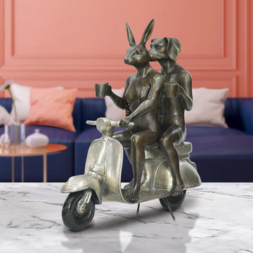 Their Morning Ride Started with Cappuccino and a Kiss (Bronze Sculpture)