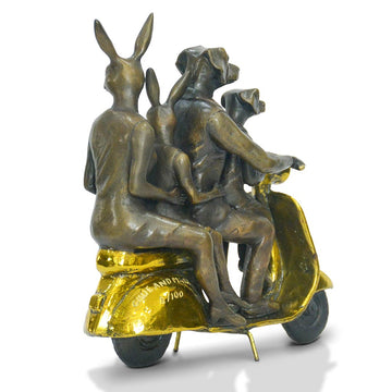 The Golden Family Vespa Riders (Bronze Sculpture, Miniature Collection)