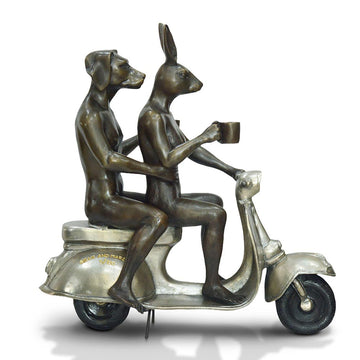 Their Morning Ride Started with Cappuccino and a Kiss (Bronze Sculpture)