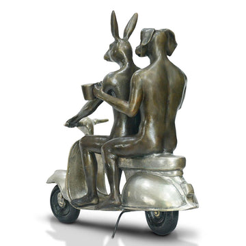 Their Morning Ride Started with Cappuccino and a Kiss (Bronze Sculpture)