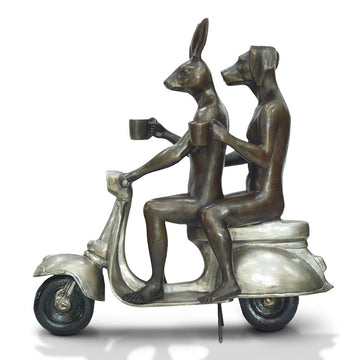 Their Morning Ride Started with Cappuccino and a Kiss (Bronze Sculpture)