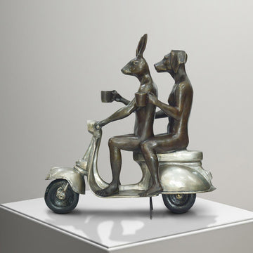 Their Morning Ride Started with Cappuccino and a Kiss (Bronze Sculpture)