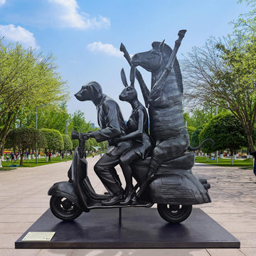 The Grevy's Zebra Was on the Move to Safer Ground with Rabbitwoman and Dogman (Bronze Sculpture)