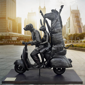 The Grevy's Zebra Was on the Move to Safer Ground with Rabbitwoman and Dogman (Bronze Sculpture)