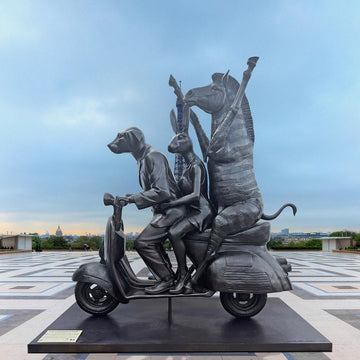 The Grevy's Zebra Was on the Move to Safer Ground with Rabbitwoman and Dogman (Bronze Sculpture)