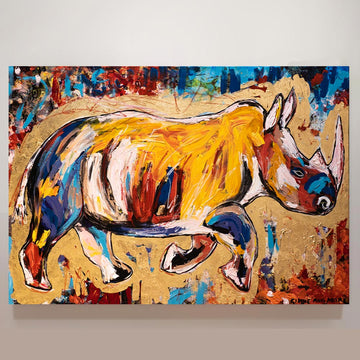 The rhino runs for freedom  (Original Mixed Media Painting)