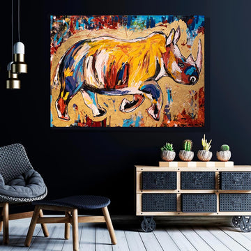 The rhino runs for freedom  (Original Mixed Media Painting)