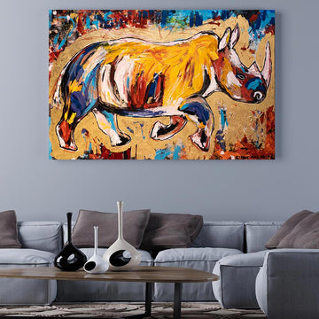 The rhino runs for freedom  (Original Mixed Media Painting)