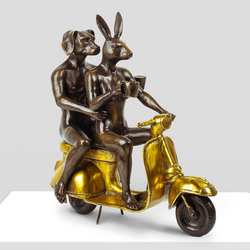 Their Morning Ride Started with Coffee and a Kiss (Bronze Sculpture)