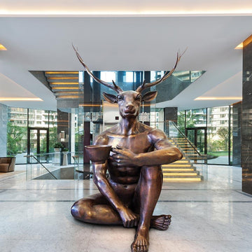 Deerman Loves his Coffee (Bronze Sculpture)