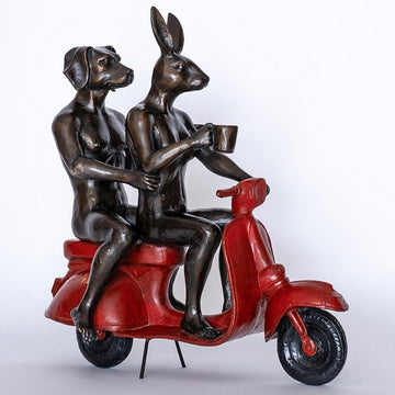 Their Morning Ride Started with Coffee and a Kiss (Bronze Sculpture)