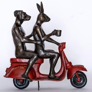 Their Morning Ride Started with Coffee and a Kiss (Bronze Sculpture)