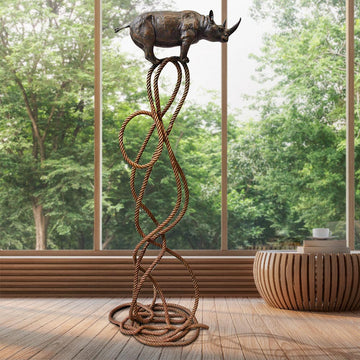 Rhino Suspended on Rope and Feeling Very Safe (Bronze Sculpture)