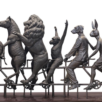 They Were on a Wild Ride to a Safer Place with Rabbitwoman and Dogman (Bronze Sculpture)
