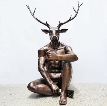 Deerman Loves his Coffee (Bronze Sculpture)