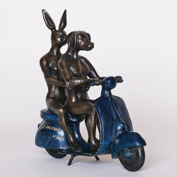 They Were the Authentic Vespa Riders in Rome (Bronze Sculpture, Miniature Collection)
