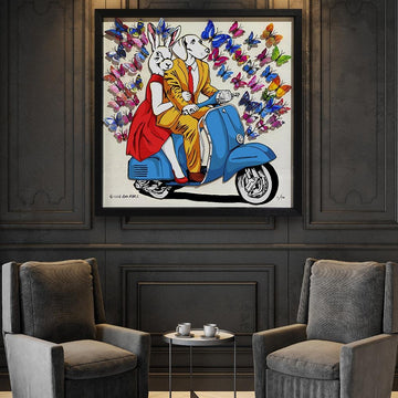 They had a blue/red/yellow vespa that made their heart flutter (Framed 3D Collage Print)