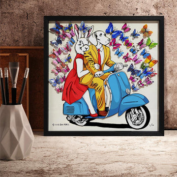 They had a blue/red/yellow vespa that made their heart flutter (Framed 3D Collage Print)