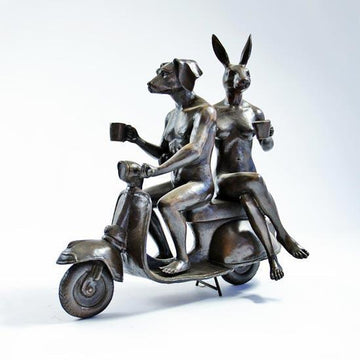 They Loved Coffee, Riding and Each Other (Bronze Sculpture)