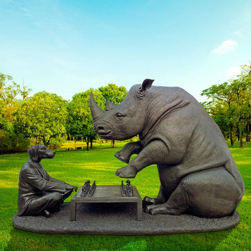 The White Rhino Was Thinking Ahead with Dogman's Encouragement (Bronze Sculpture)