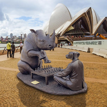The White Rhino Was Thinking Ahead with Dogman's Encouragement (Bronze Sculpture)