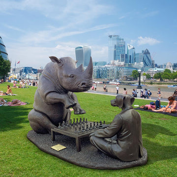 The White Rhino Was Thinking Ahead with Dogman's Encouragement (Bronze Sculpture)