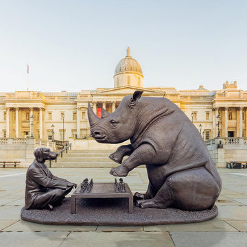 The White Rhino Was Thinking Ahead with Dogman's Encouragement (Bronze Sculpture)