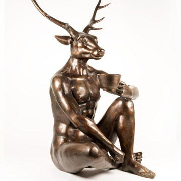 Deerman Loves his Coffee (Bronze Sculpture)