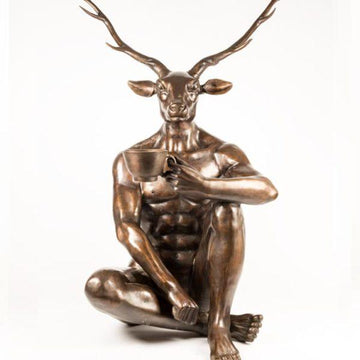 Deerman Loves his Coffee (Bronze Sculpture)