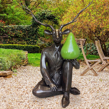 Deerman Thought a Pear a Day Would Help Him Play (Bronze Sculpture)