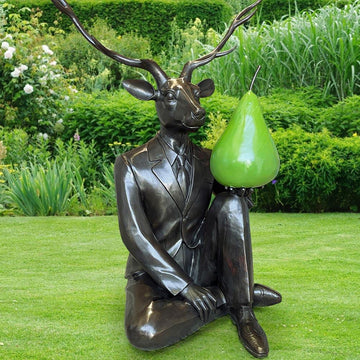 Deerman Thought a Pear a Day Would Help Him Play (Bronze Sculpture)