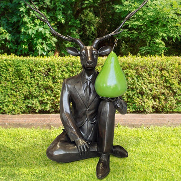 Deerman Thought a Pear a Day Would Help Him Play (Bronze Sculpture)