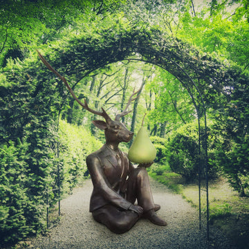 Deerman Thought a Pear a Day Would Help Him Play (Bronze Sculpture)