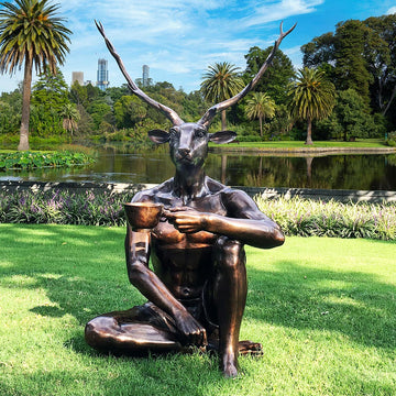 Deerman With Coffee With Clothes (Bronze Sculpture)