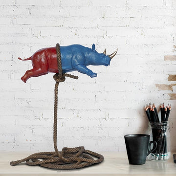 Flying Psychedelic Rhino on short rope (Bronze Sculpture)