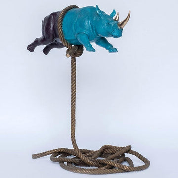 Flying Psychedelic Rhino on short rope (Bronze Sculpture)