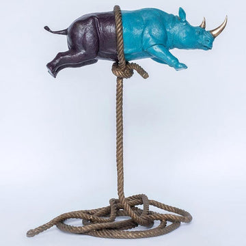 Flying Psychedelic Rhino on short rope (Bronze Sculpture)