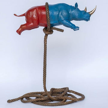 Flying Psychedelic Rhino on short rope (Bronze Sculpture)