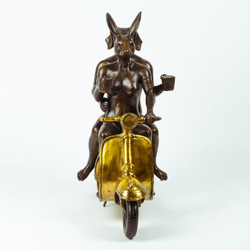 Their Morning Ride Started with Coffee and a Kiss (Bronze Sculpture)