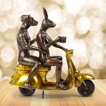 Their Morning Ride Started with Coffee and a Kiss (Bronze Sculpture)