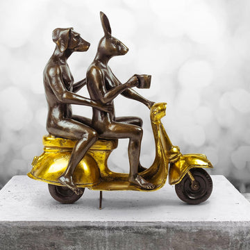 Their Morning Ride Started with Coffee and a Kiss (Bronze Sculpture)